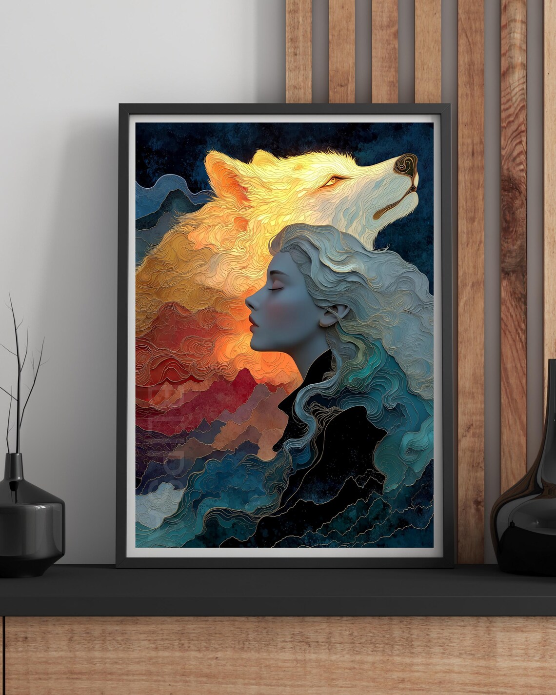 Woman and Golden Wolf Spirit Rising Impasto Starry Night Sky Print
