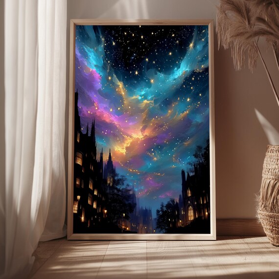 Breathtaking Colorful Starry Night Sky Over City Skyline Print