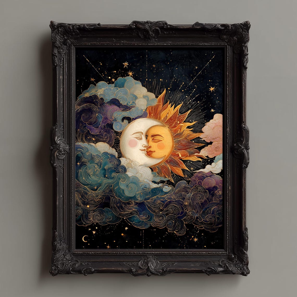 Sun And Moon Kissing Faces Celestial Couple Mystical Sky Poster