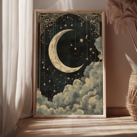 Vintage Crescent Moon Hanging Stars Gothic Celestial Night Print