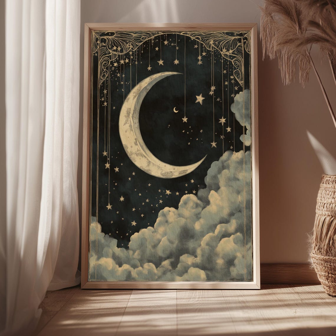 Vintage Crescent Moon Hanging Stars Gothic Celestial Night Print
