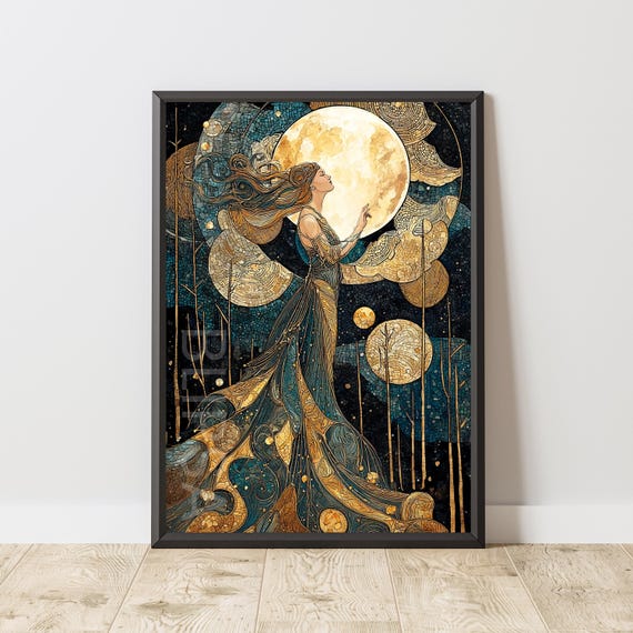 Moon Goddess Art Print Fantasy Woman Wall Celestial Stained Glass Style Mystical Feminine Decor Poster