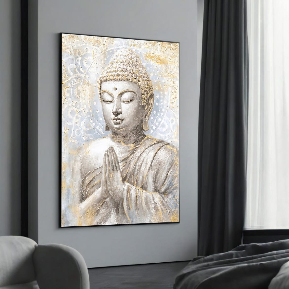 Serene White and Gold Buddha in Prayer with a Glowing Halo Poster