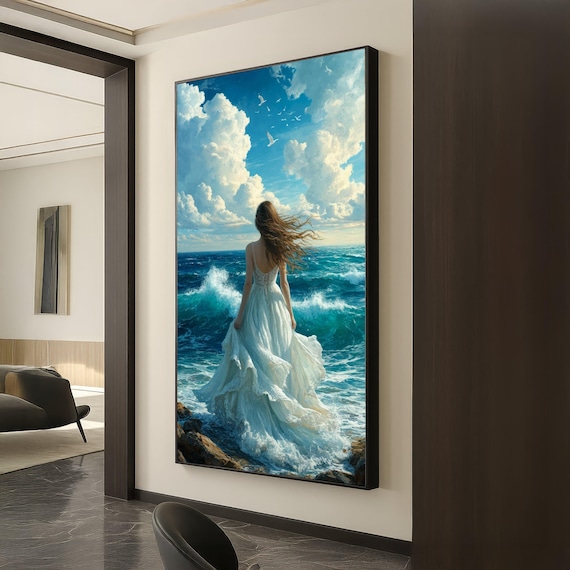 Woman White Dress Ocean Waves Seaside Romantic Seascape Poster