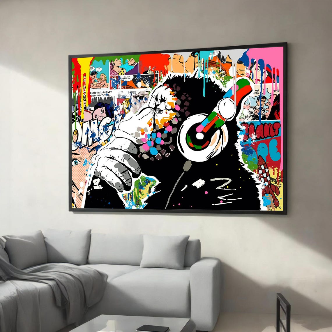 Gorilla Wearing DJ Headphones Comic Book Collage Pop Art Poster