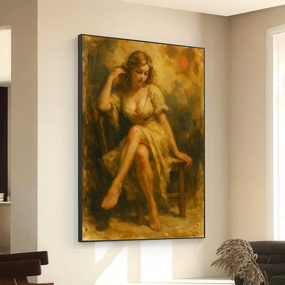 Vintage Woman Portrait Canvas Classic Beauty Painting Rustic Home Wall Art Elegant Female Figure Soft Warm Tones Decoration
