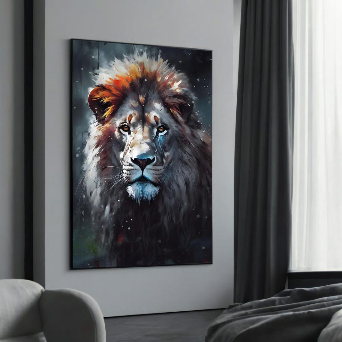 Mystic Lion in Rain with Dramatic Fiery Mane Wildlife Poster