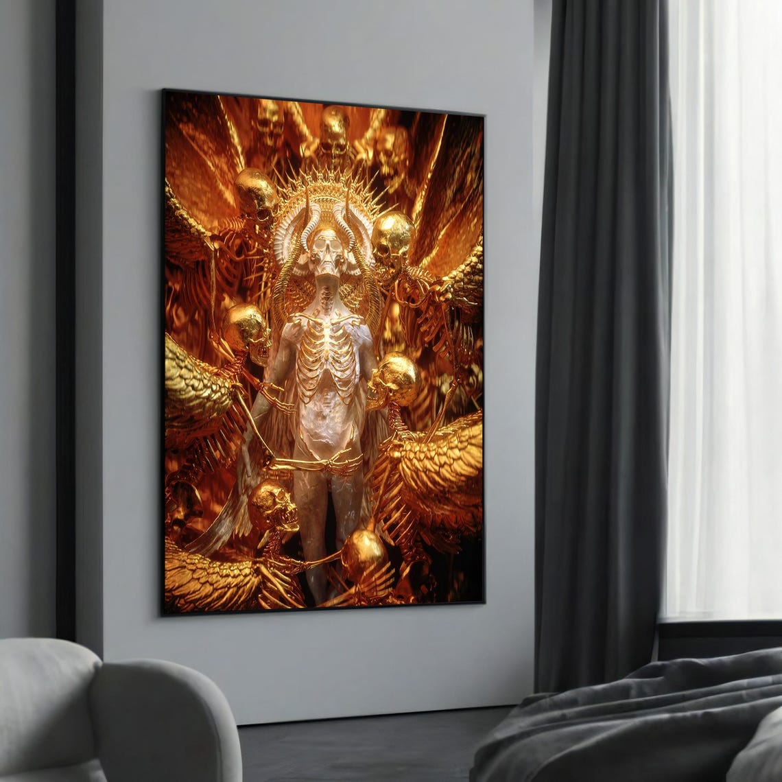 Golden Angel Skeleton with Wings Surrounded by Skulls Luxury Poster