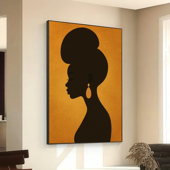 Elegant Silhouette Of African Woman Canvas Minimalist Black Profile Wall Art Modern Home Decor Afrocentric Decoration Ready To
