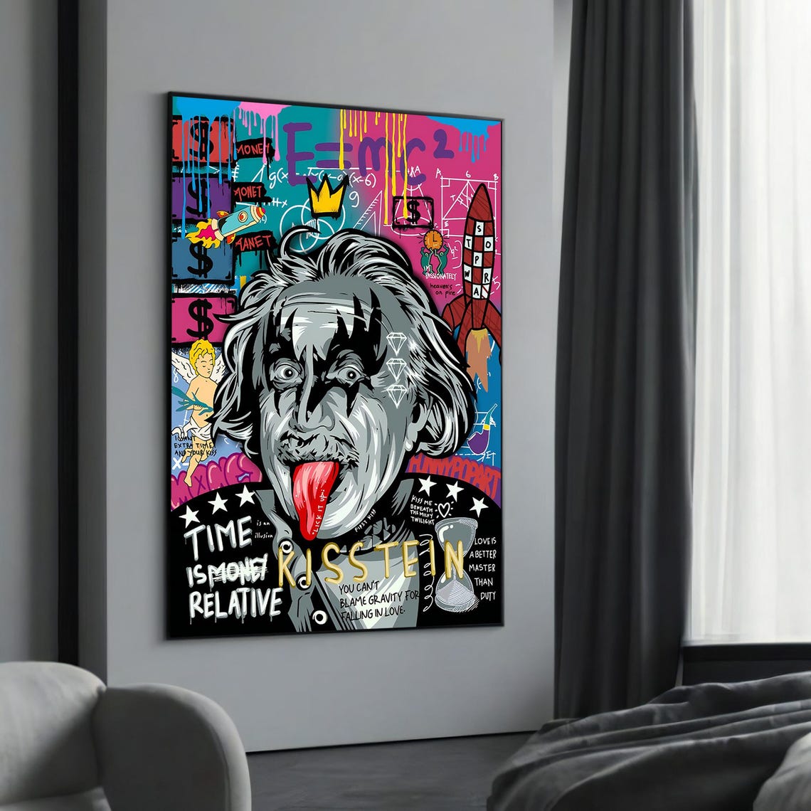 Albert Einstein Kisstein Pop Art Graffiti Portrait with Rockets Poster