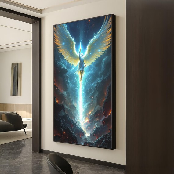 Radiant Archangel Ascending Glowing Sword Heavenly Battle Sky Poster