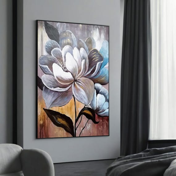 Bold White And Brown Flower Canvas Painting A Unique Gift For Modern Home Decor Elegant Living Spaces