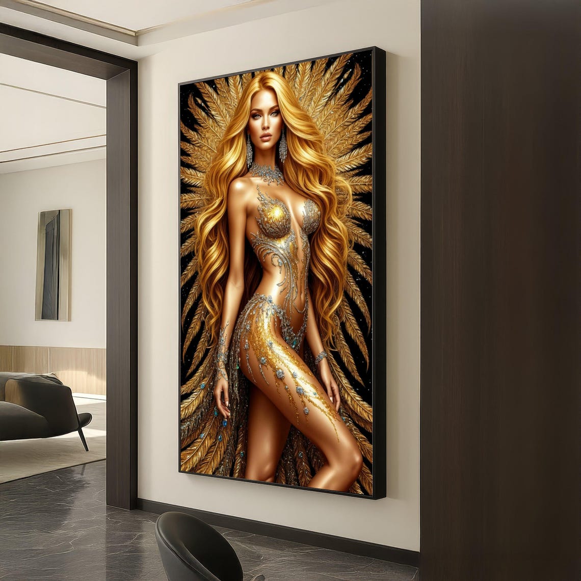 Golden Goddess Fantasy Woman Art Print, Modern Glam