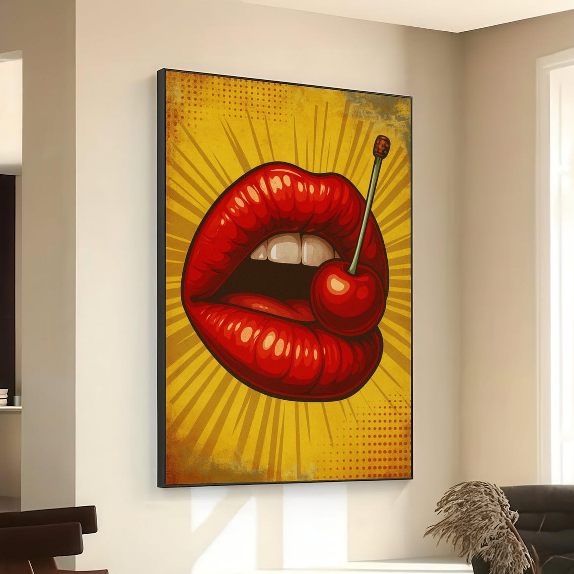 Retro Bold Red Lips With Cherry Pop Burst Vintage Canvas Wall Art