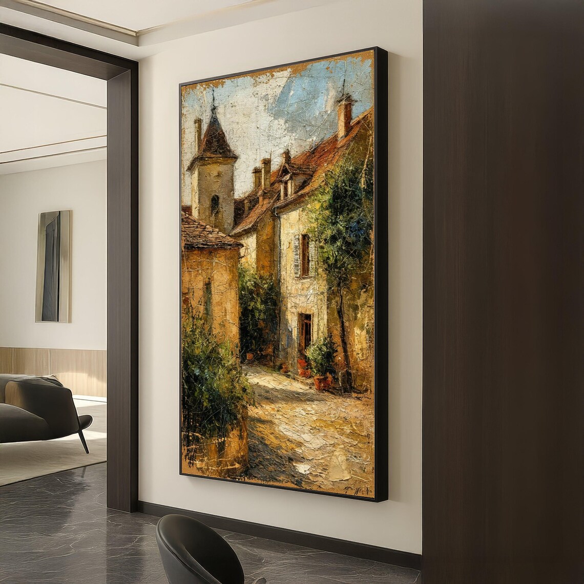 Rustic Old European Village Street Church Tower Vintage Art Poster