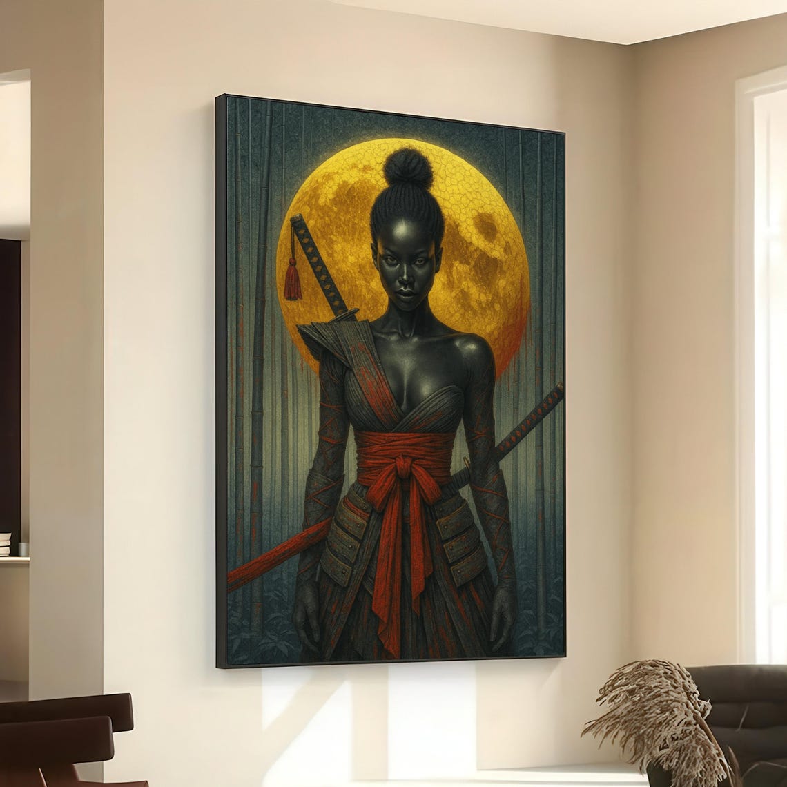 Fierce Samurai Woman Warrior Katana Golden Moon Bamboo Art Poster