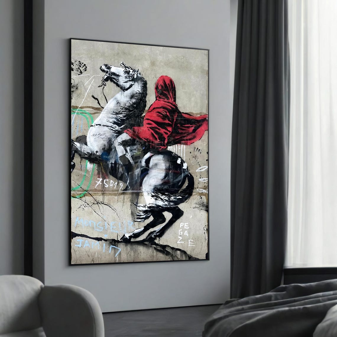 Rearing Horse Rider in Flowing Red Cloak Street Art Warrior Poster
