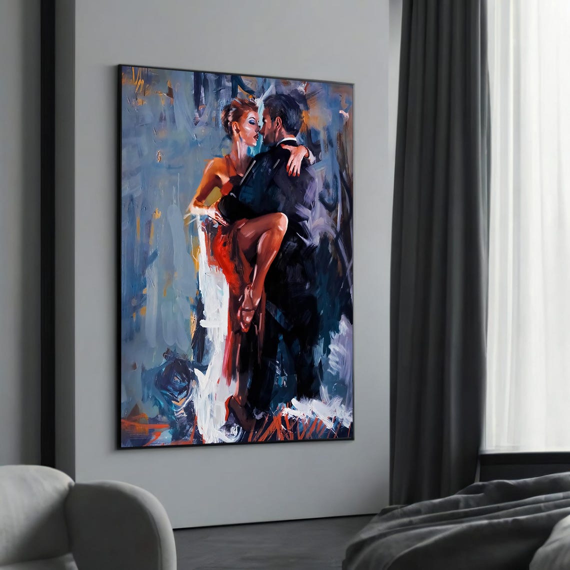 Romantic Tango Couple Embrace Blue Abstract Oil Painting Art Poster