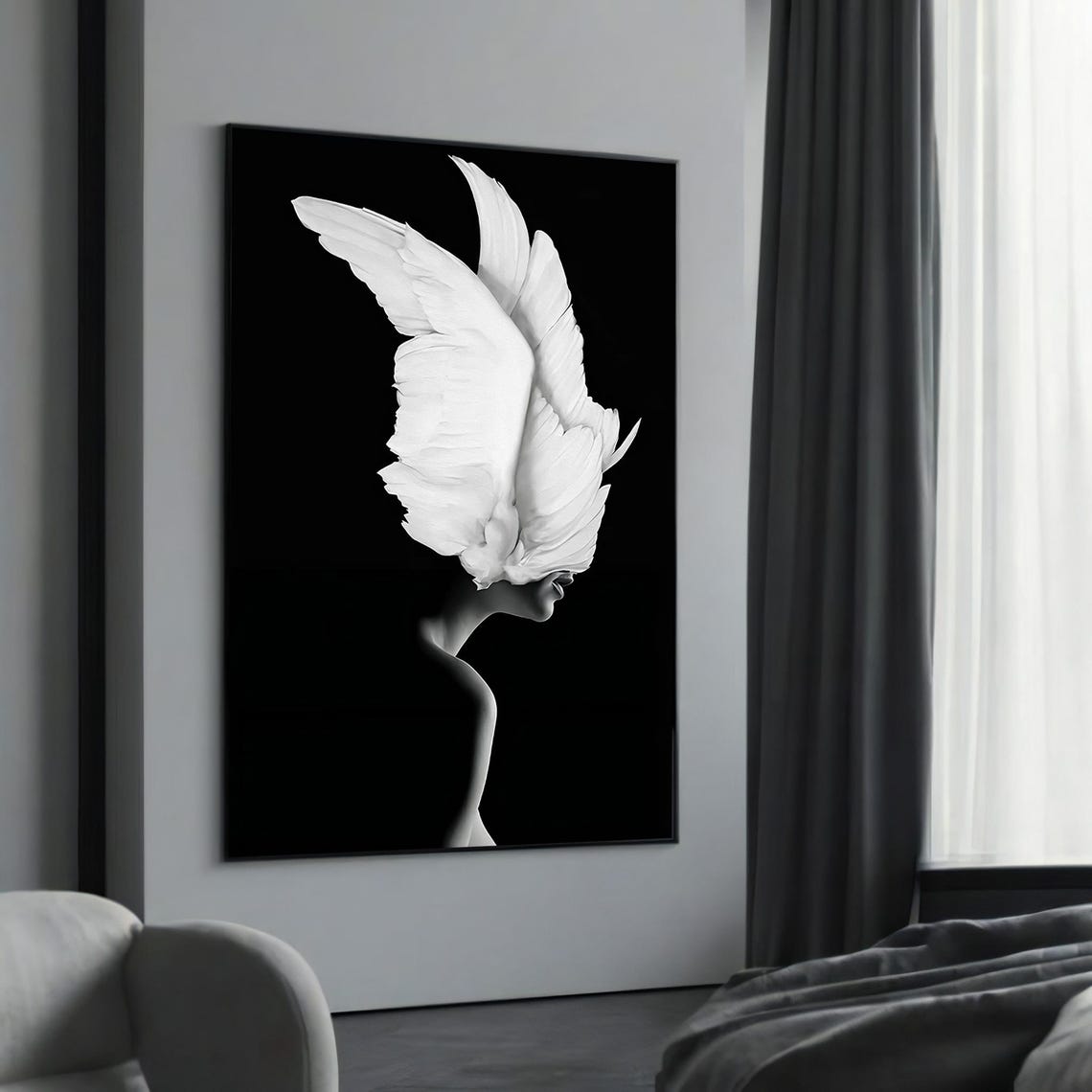 Feathered White Wings Woman Surreal Black White Portrait Poster