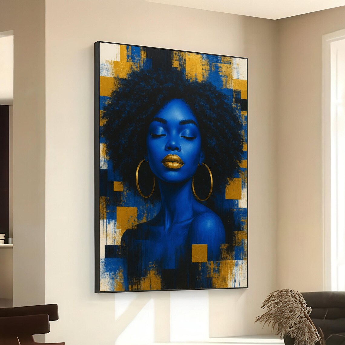 Blue Woman Afro Golden Lips Abstract Gold Accents Art Poster