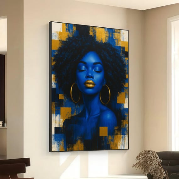 Elegant Blue Woman Portrait Canvas Abstract Gold Accents Contemporary Afro Art Modern Wall Decor Bold Home Decoration