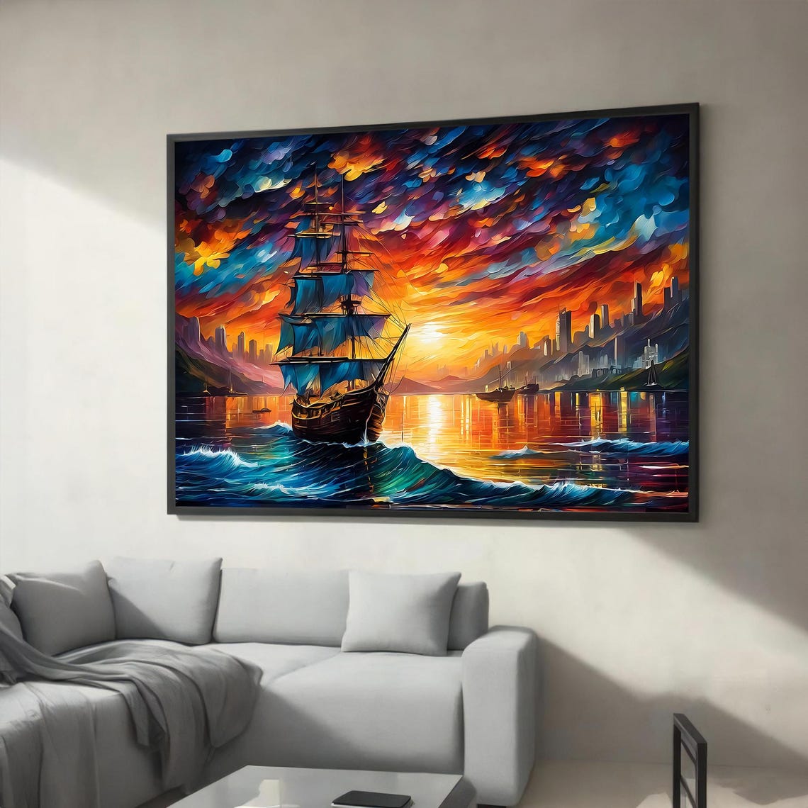 Vibrant Tall Ship At Sunset Over Ocean Waves Seascape Poster