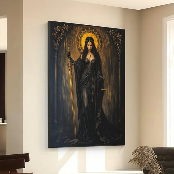 Dark Goddess Of Justice Canvas Wall Art Gothic Woman With Sword And Scales Medieval Fantasy Decor Regal Black Gold Painting Ready To
