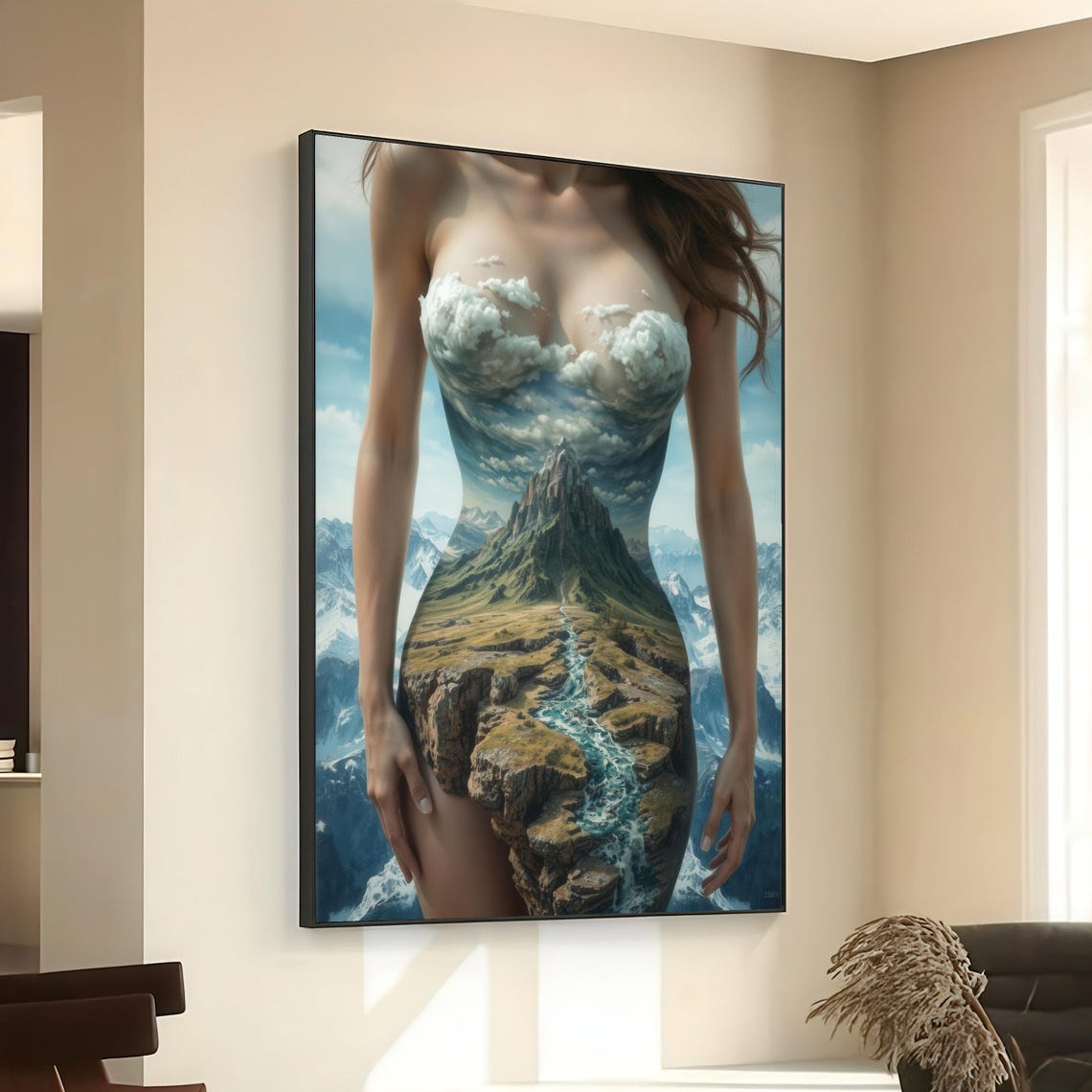 Surreal Mountain Landscape Female Torso Clouds Canvas Wall Art