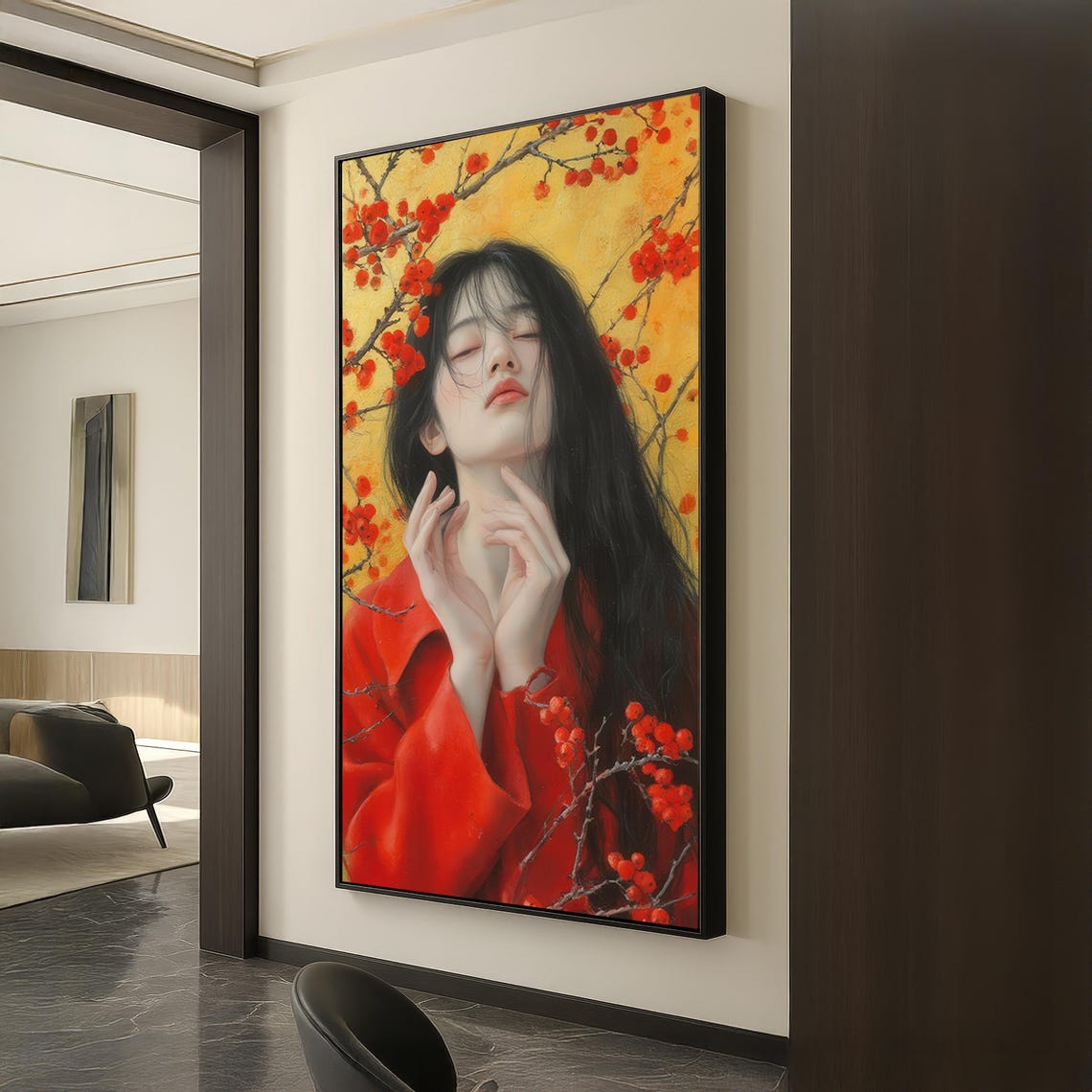 Asian Woman Red Robe Winter Berry Branches Golden Canvas Art Poster