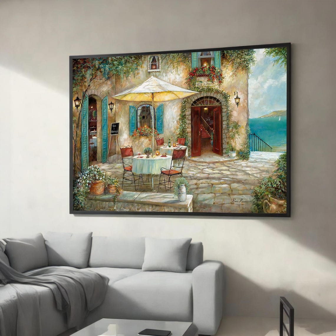 Sunlit Mediterranean Villa Terrace Overlooking Turquoise Sea Poster