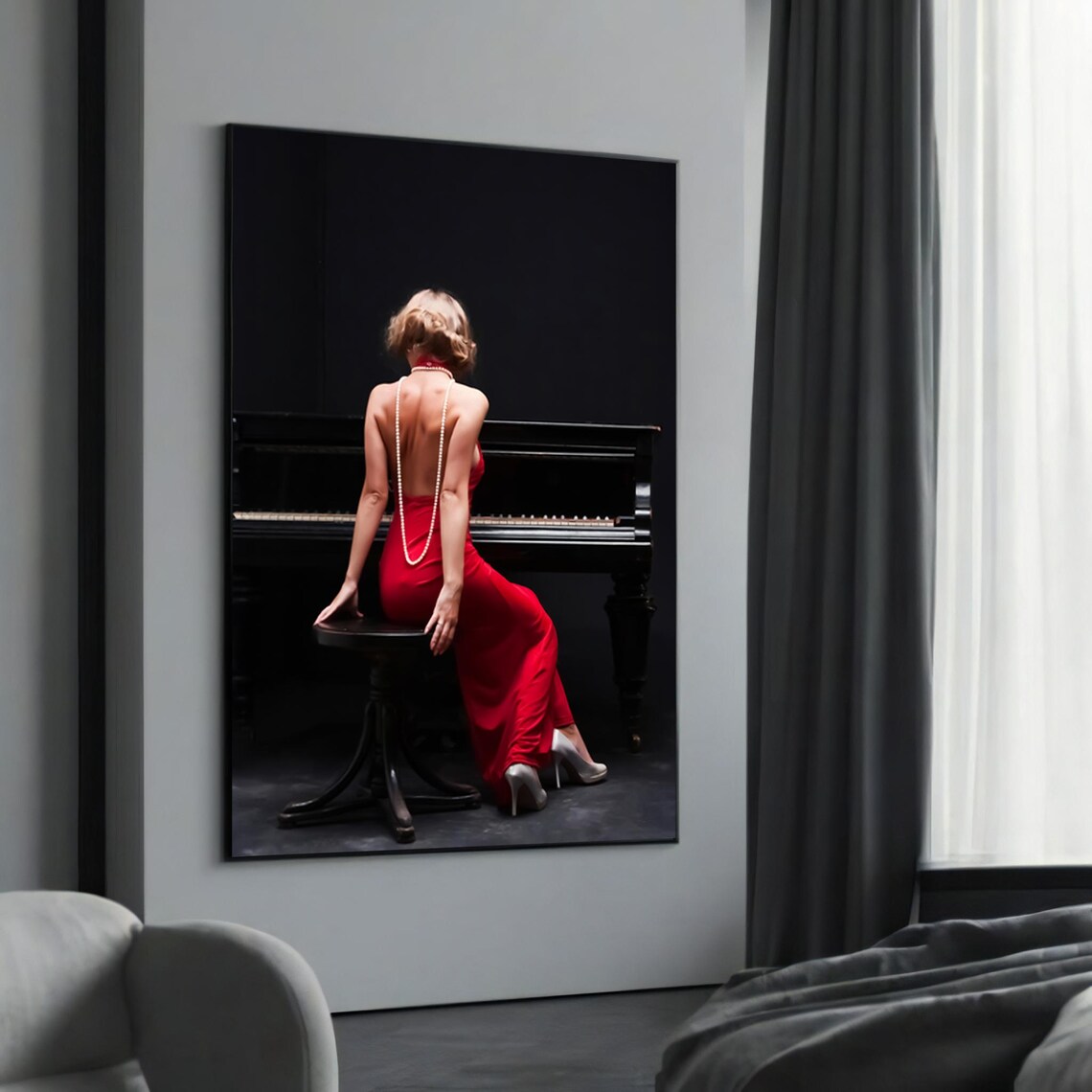 Elegant Woman in Red Grand Piano Pearls Sophisticated Photo Poster