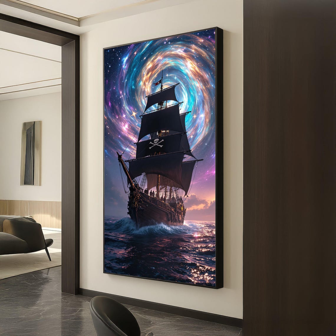 Pirate Ship Black Sails Galaxy Vortex Skull Flag Night Ocean Poster