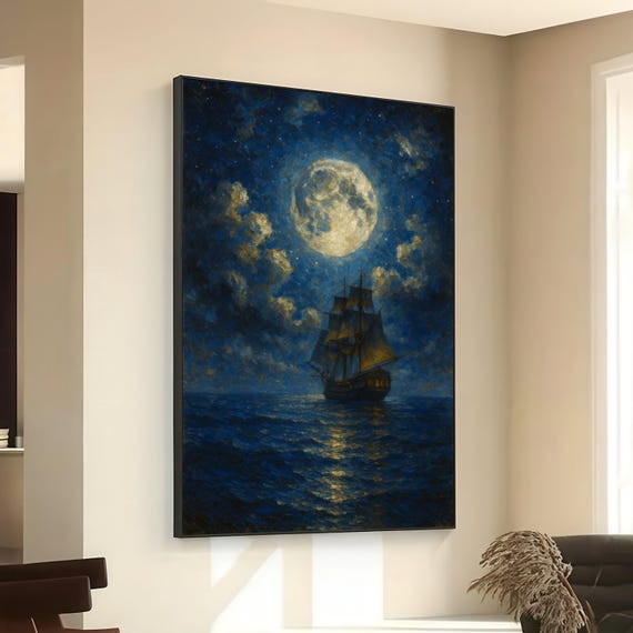 Moonlit Ocean Voyage Canvas Sailing Ship Wall Art Night Sea Landscape Nautical Home Decor Full Moon Painting Maritime