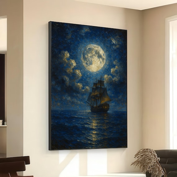 Moonlit Ocean Voyage Sailing Ship Under Full Moon Night Sea Painting Poster