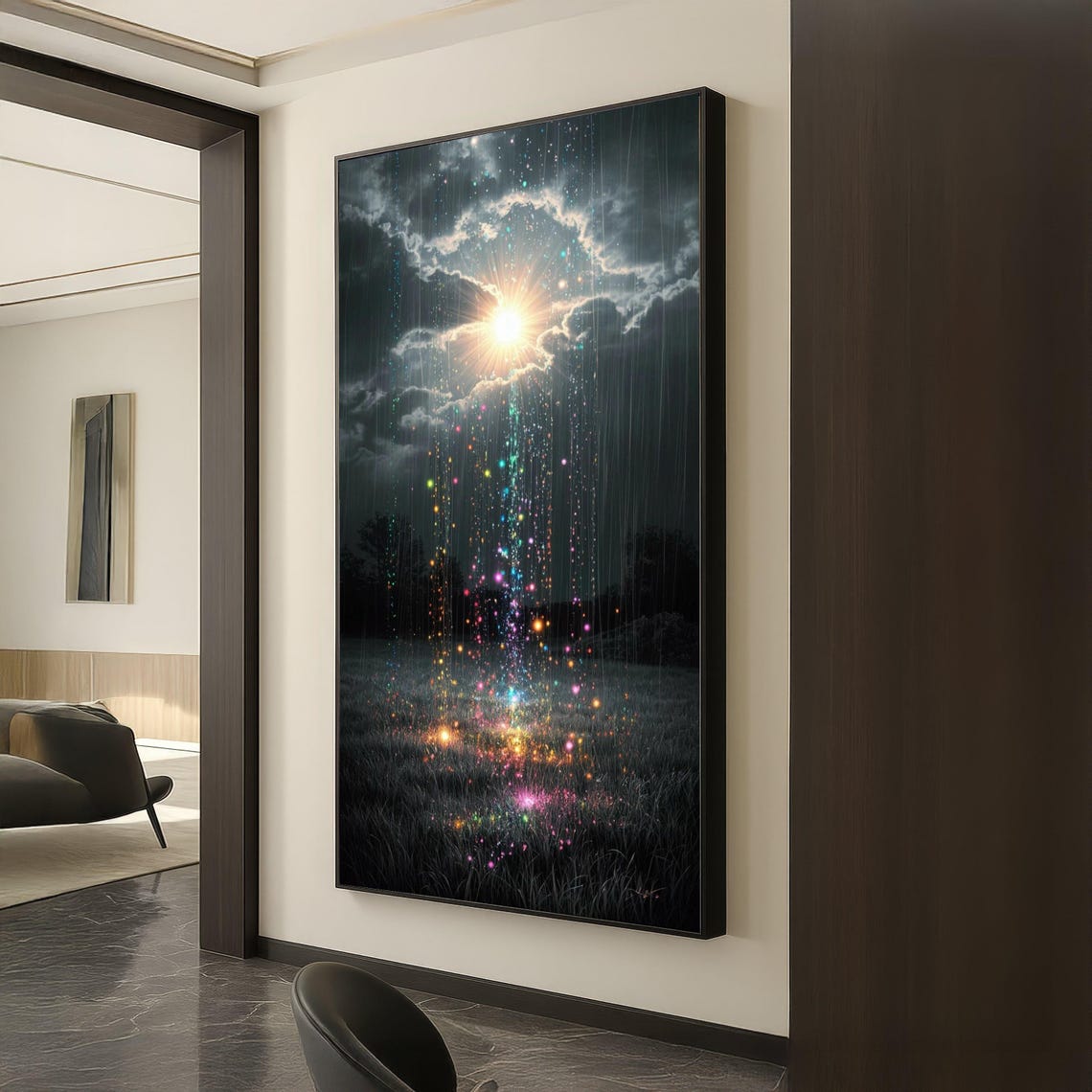 Mystical Light Shower Night Sky Sparkling Meadow Fantasy Art Poster