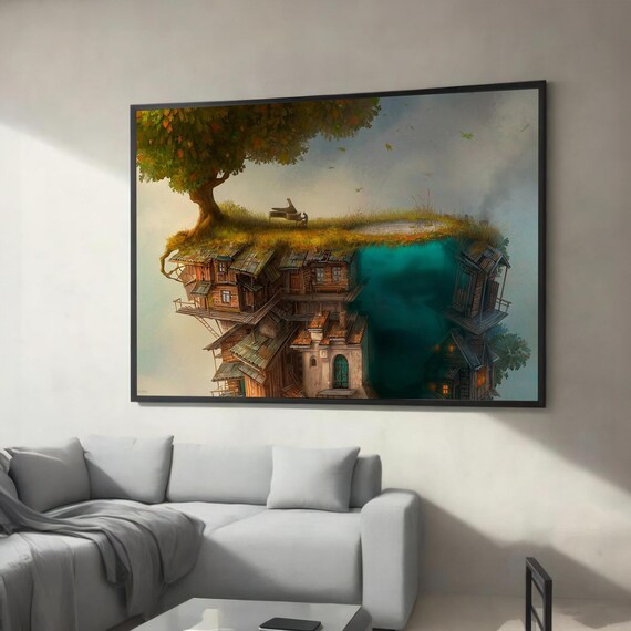 Surreal Floating Island With Piano Tree and Rustic Houses Art Poster