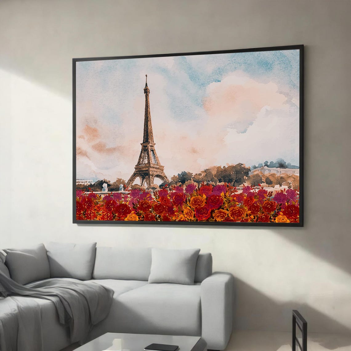 Eiffel Tower Watercolor Above Field of Colorful Roses Paris Poster