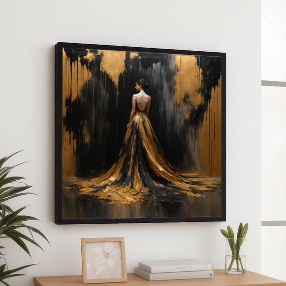 Elegant Woman In Gold And Black Dress Canvas Modern Abstract Fashion Wall Art Luxury Home Decoration Glamorous Portrait