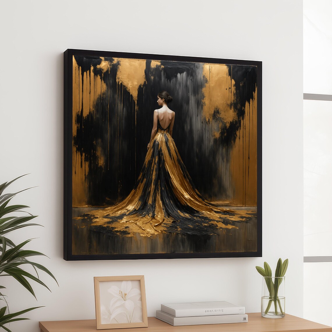Elegant Woman In Gold And Black Dress Canvas Modern Abstract Fashion Wall Art Luxury Home Decoration Glamorous Portrait