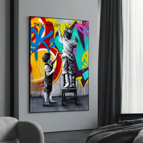 Smile Now Cry Kids Painting Colorful Graffiti Wall Banksy Style Poster
