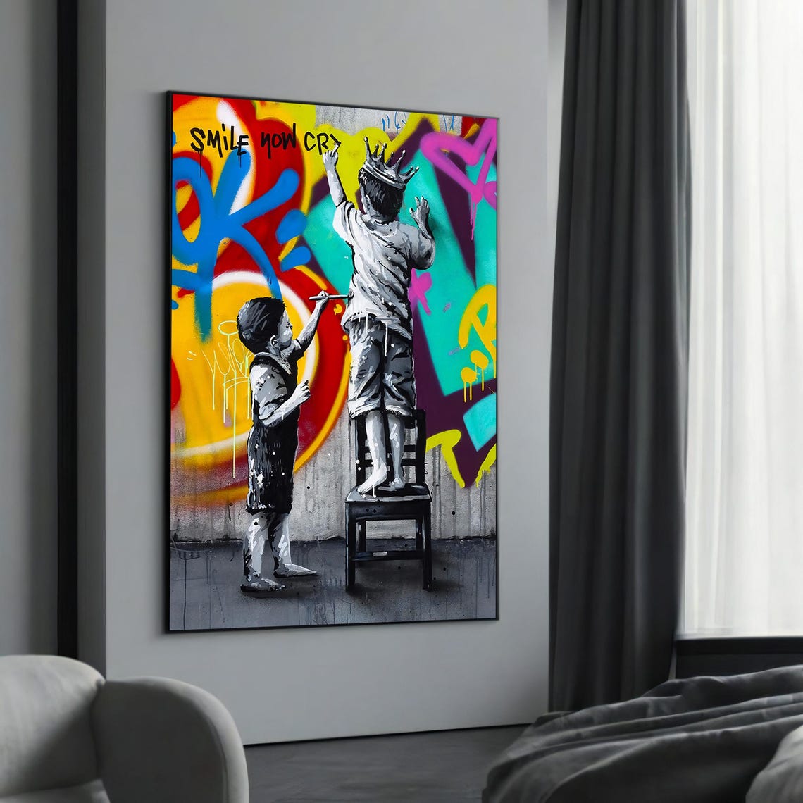 Smile Now Cry Kids Painting Colorful Graffiti Wall Banksy Style Poster