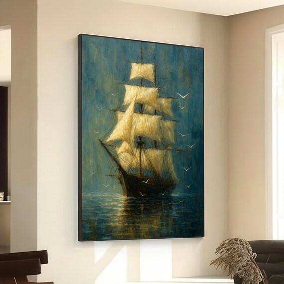 Classic Tall Sailing Ship White Sails Seagulls Dark Teal Sea Painting Poster
