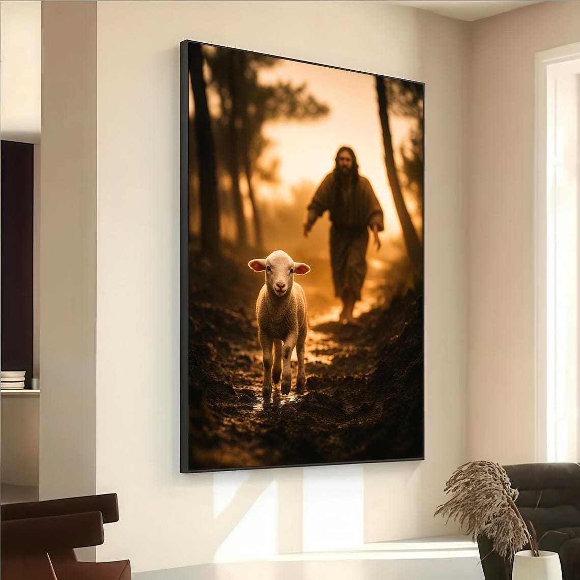 Good Shepherd Jesus and Lamb Golden Forest Christian Faith Poster