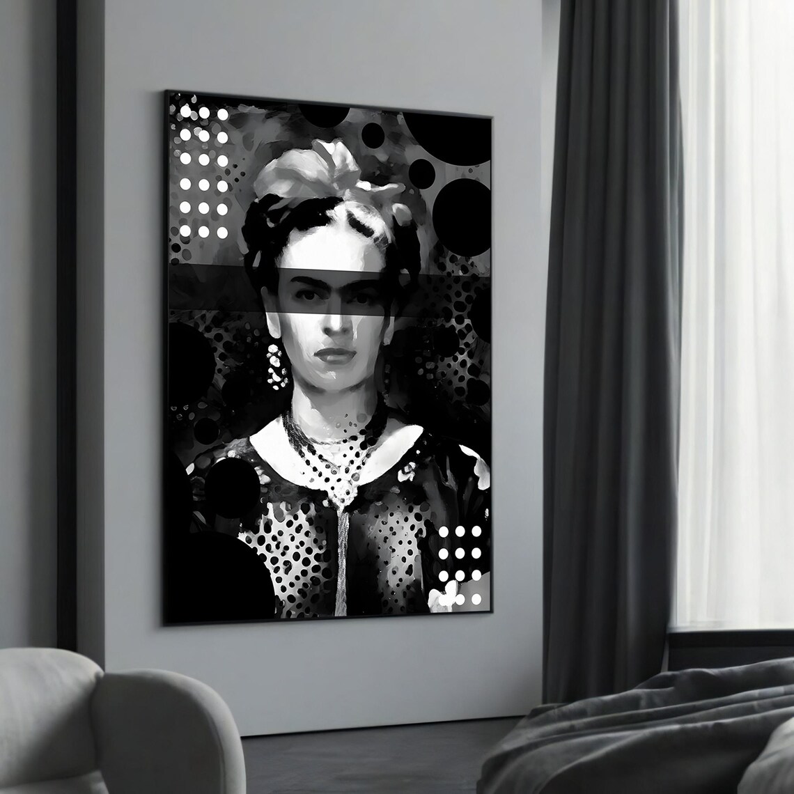 Frida Kahlo Inspired Black and White Abstract Art Print Pop Style Portrait