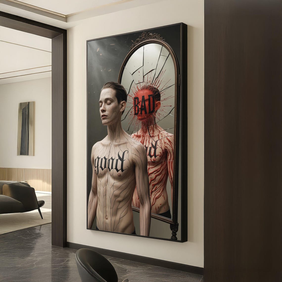 Good vs Bad Broken Mirror Duality Surreal Concept Art Poster