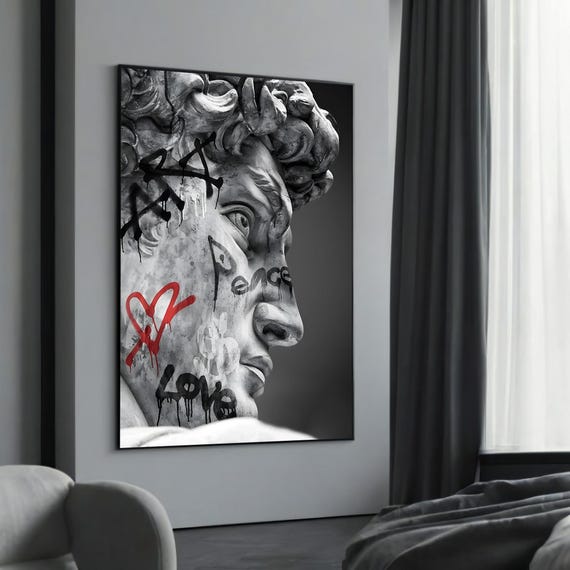 Graffiti David With Peace And Love Canvas Painting Classic Renaissance Art Bold Urban Twist For Lovers
