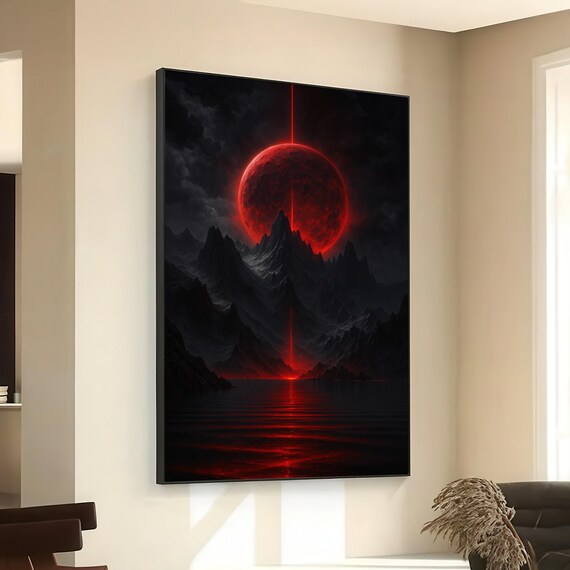 Giant Blood Red Planet Eclipse Over Dark Mountains Sci Fi Poster