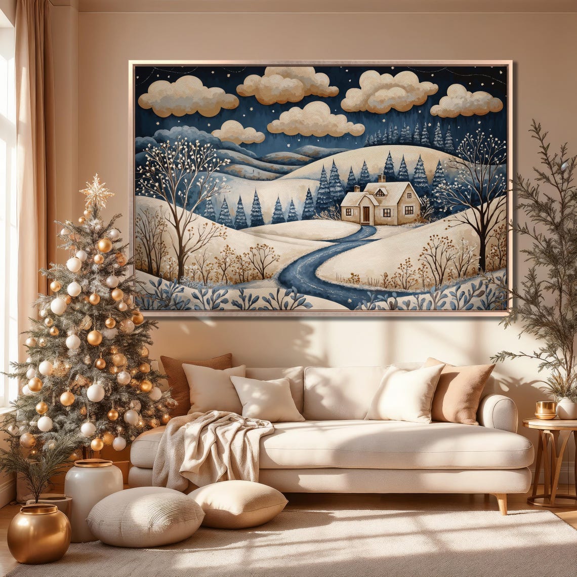 Whimsical Winter Night Snowy Cottage Starry Hills Holiday Art Poster - Image 5