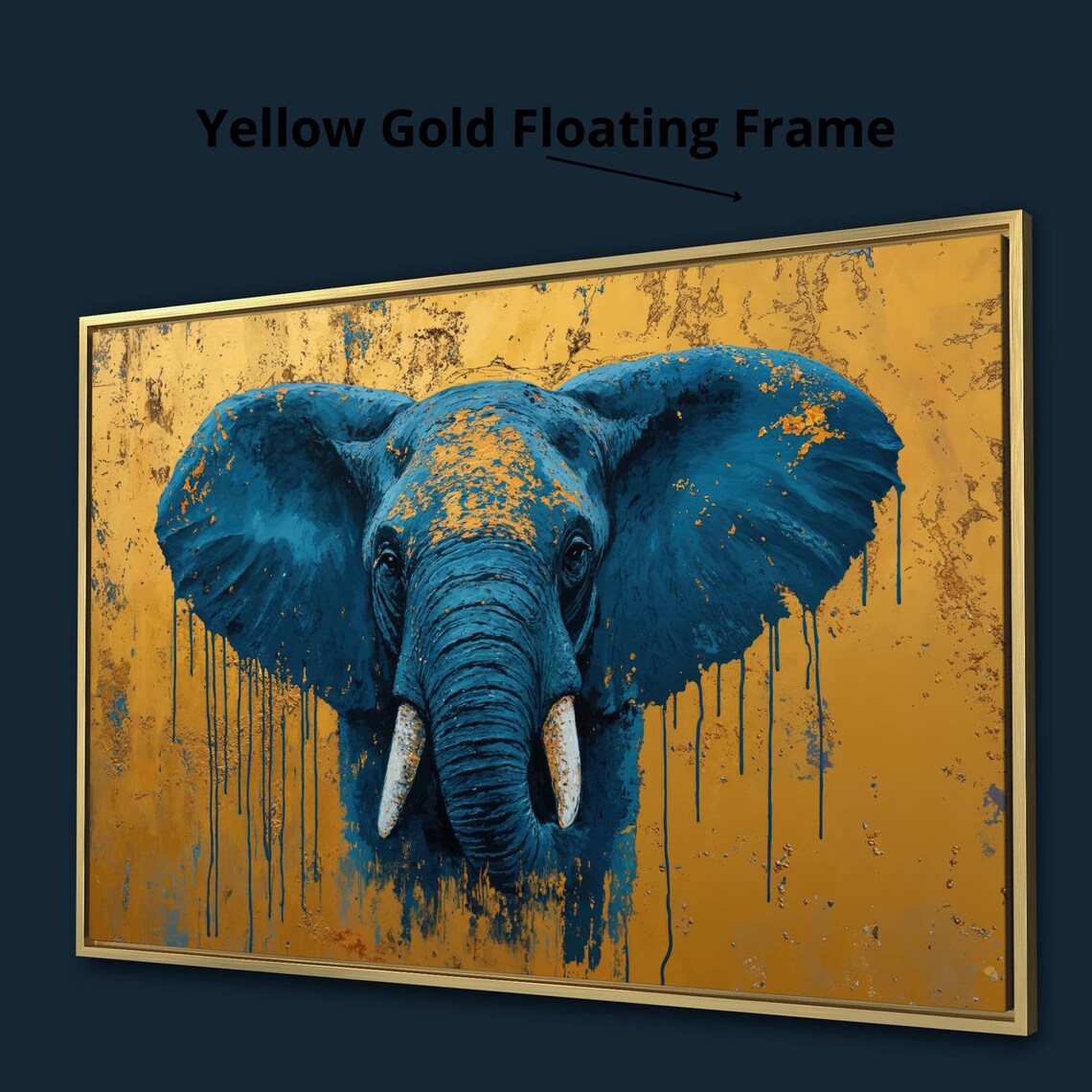 Blue Elephant Face Front View Gold Drip Background Abstract Wildlife Poster - Image 3