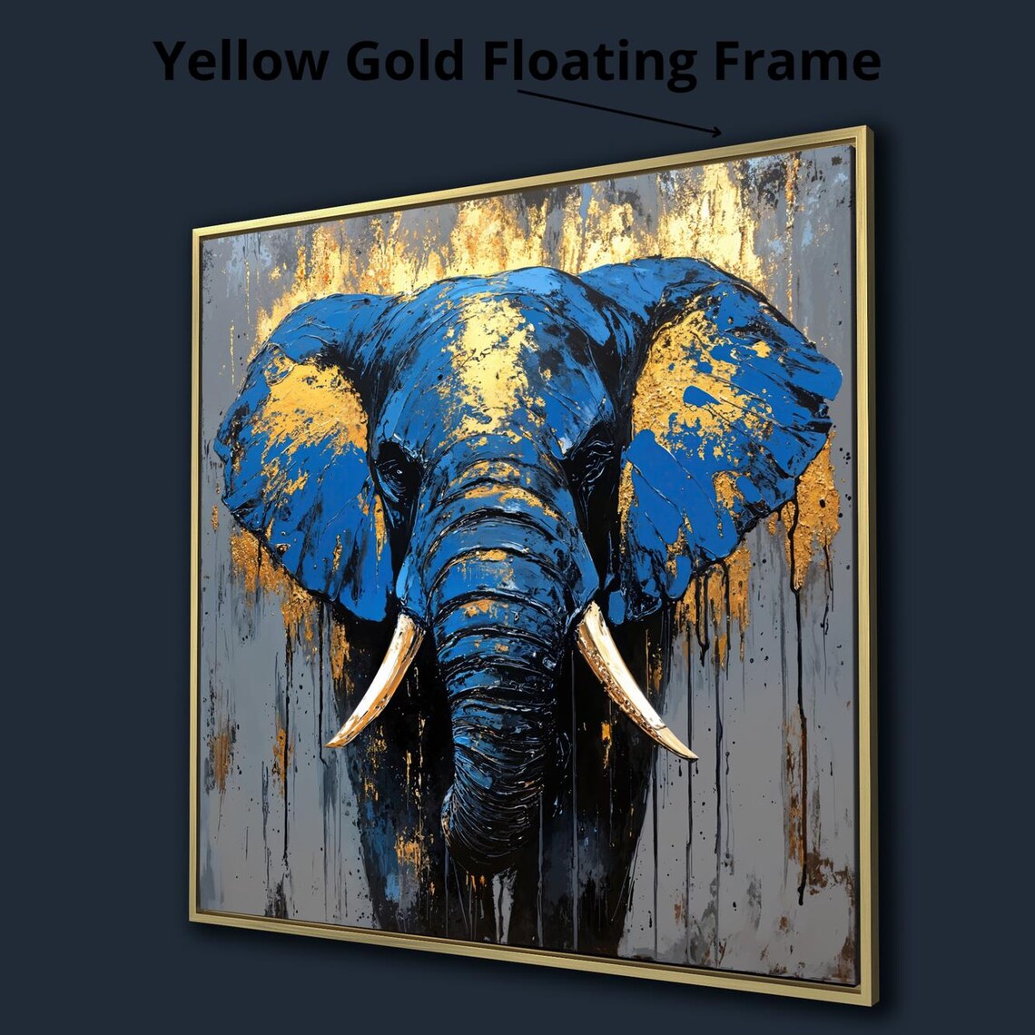 Majestic Blue Gold Elephant Face Close Up Abstract Safari Wall Art Poster - Image 4